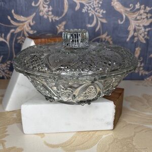 Vintage Kig Malasia Clear Pressed Glass Candy Dish with Lid Roses in Hearts
